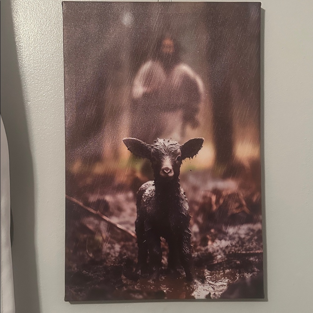 Jesus saving the lost black sheep in Rain Canvas Art 
18 X 23 - Picture 5 of 8